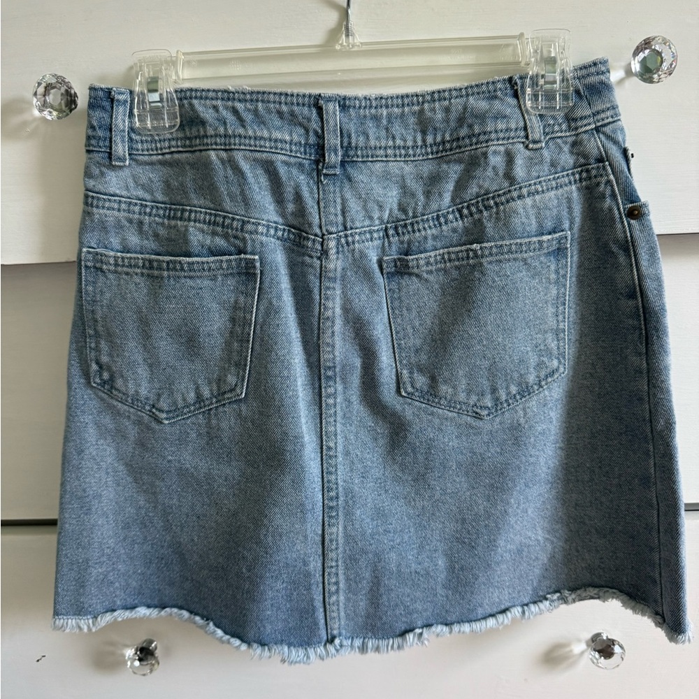 POPSUGAR mini light denim fringe hem skirt